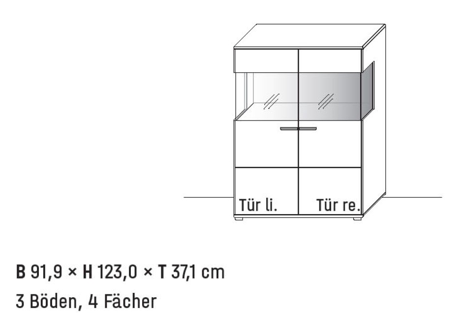 Illustration eines Highboards mit Maßangabe und Bezeichnung vor weißem Hintergrund