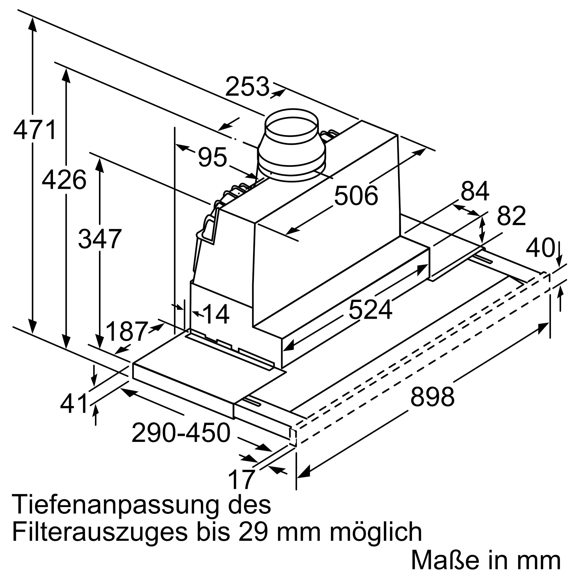 Detaillierte technische Zeichnung einer Dunstabzugshaube, die die Abmessungen wie Höhe, Breite und Tiefe in Millimetern zeigt. Zusätzliche Hinweise zur Tiefenanpassung des Filterauszuges bis 29 mm möglich.