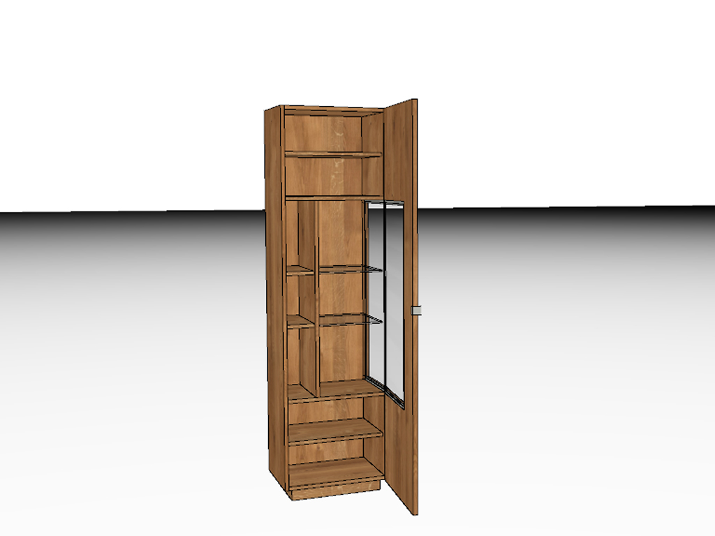 Ein geöffneter Holzschrank mit mehreren Regalböden und einer Glastür, ideal zur Aufbewahrung von Büchern oder Dekorationsartikeln