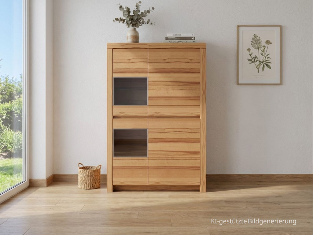 moderner brauner Vitrinenschrank stilvoll dekoriert in einem hellen Raum, Bild KI generiert