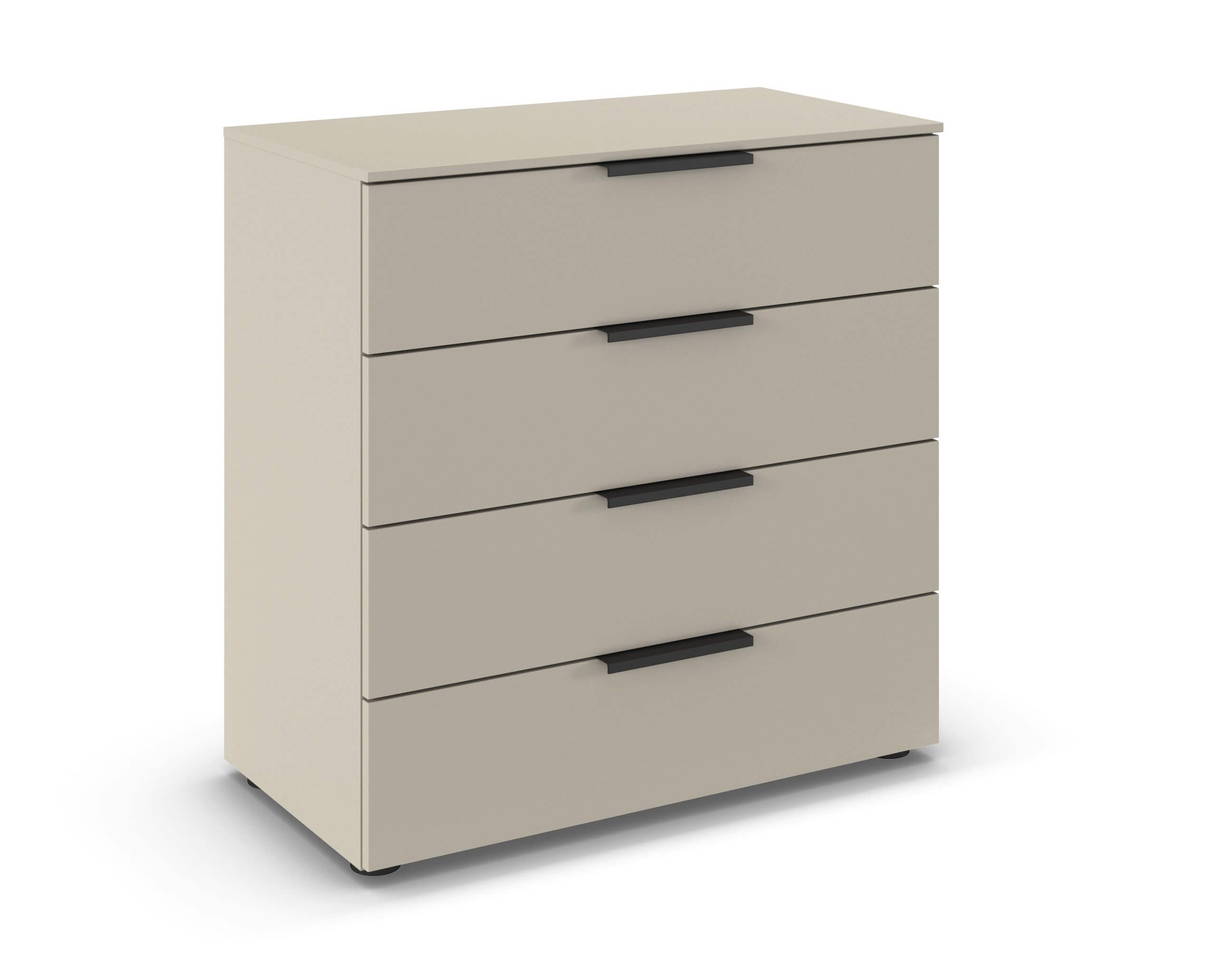 graue Kommode mit vier Schubladen und schwarzen Griffen vor weißem Hintergrund