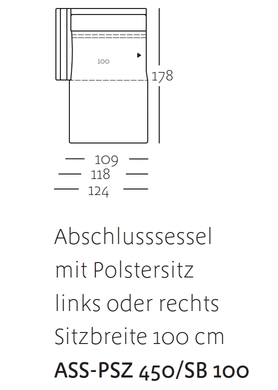 Schematische Darstellung eines Abschlusssessels mit Polstersitz, Sitzbreite 100 cm, wählbar für links oder rechts