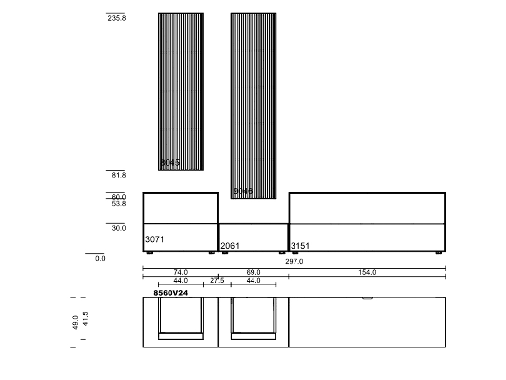 Technische Zeichnung einer Schrankwand mit genauen Maßangaben in Zentimetern
