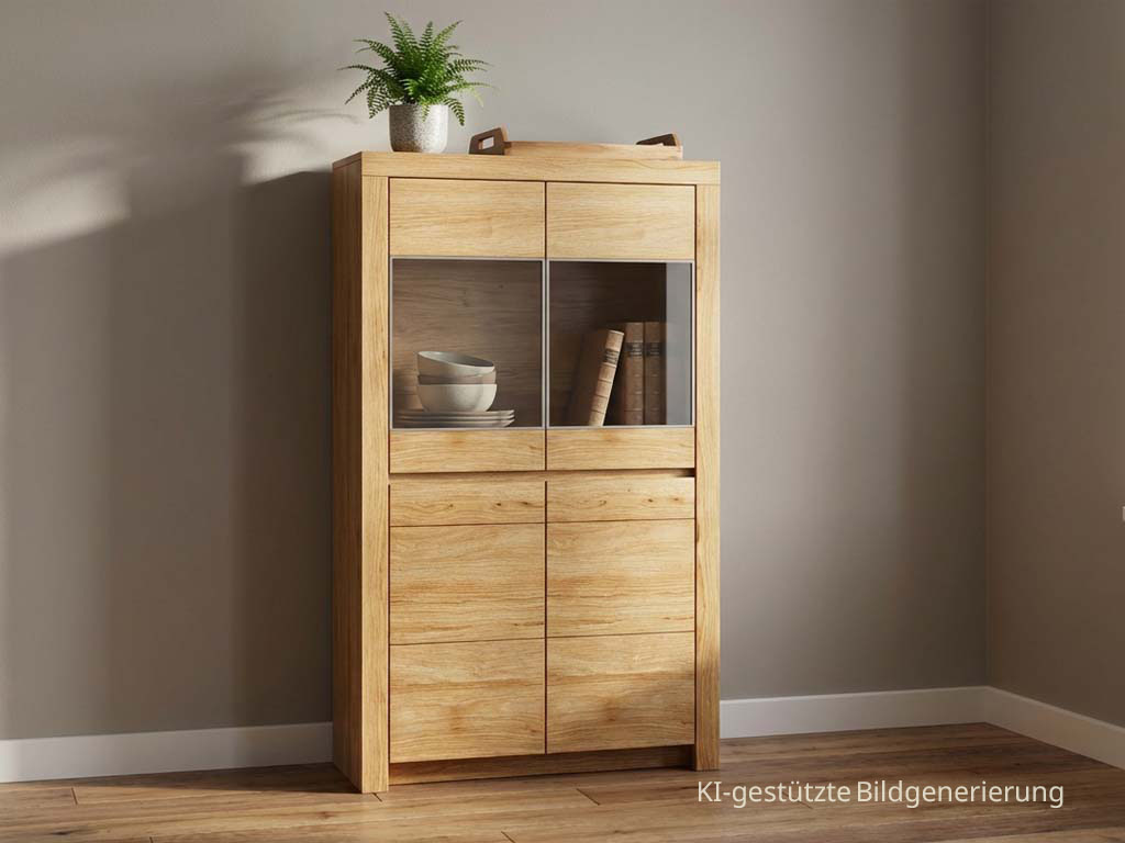 Holzvitrine mit zwei türen stilvolldekoriert in einem modernen raum mit grauer wand, Bild KI generiert