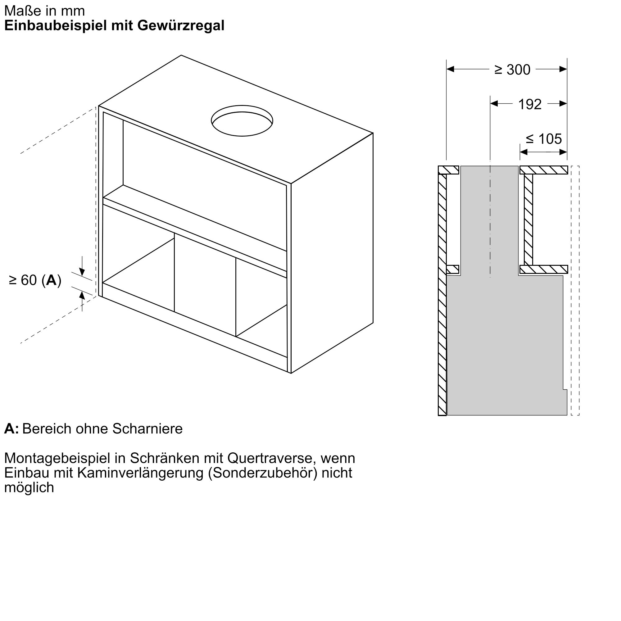 Einbaubeispiel mit Gewürzregal: Technische Seitenansicht und perspektivische Darstellung eines Oberschranks, der die Einbaumöglichkeiten der Dunstabzugshaube in Schränken mit Quertraverse verdeutlicht.