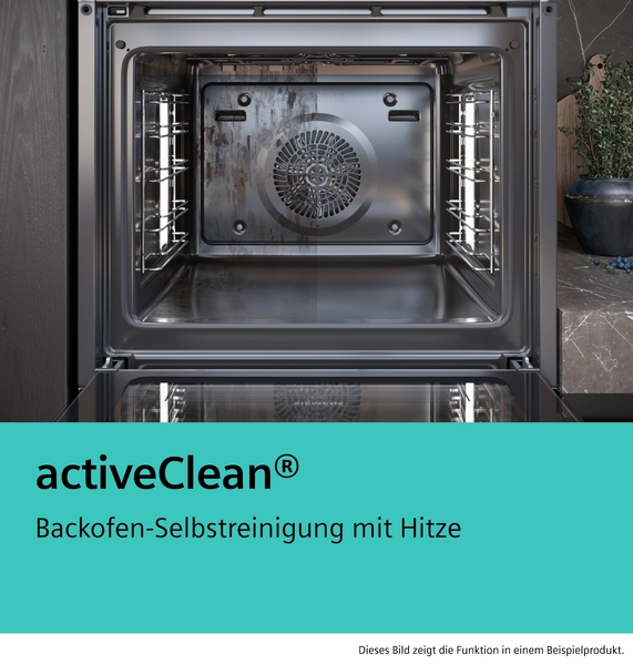 Vergleichsbild im Innenraum eines Backofens, das die Backofen-Selbstreinigung activeClean mit Hitze vor und nach der Reinigung darstellt.