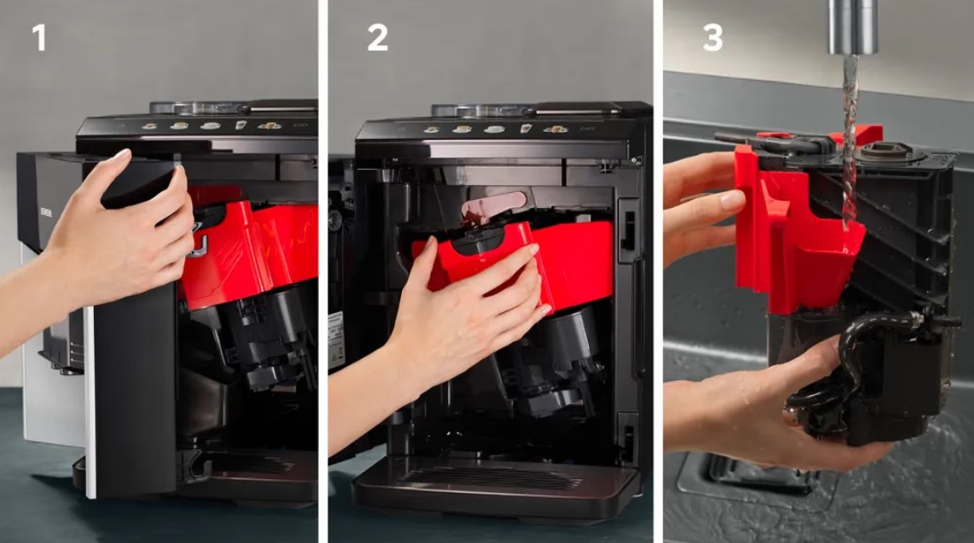 Anleitung zur Entfernung und Reinigung der Brüheinheit einer Kaffeemaschine in drei Schritten