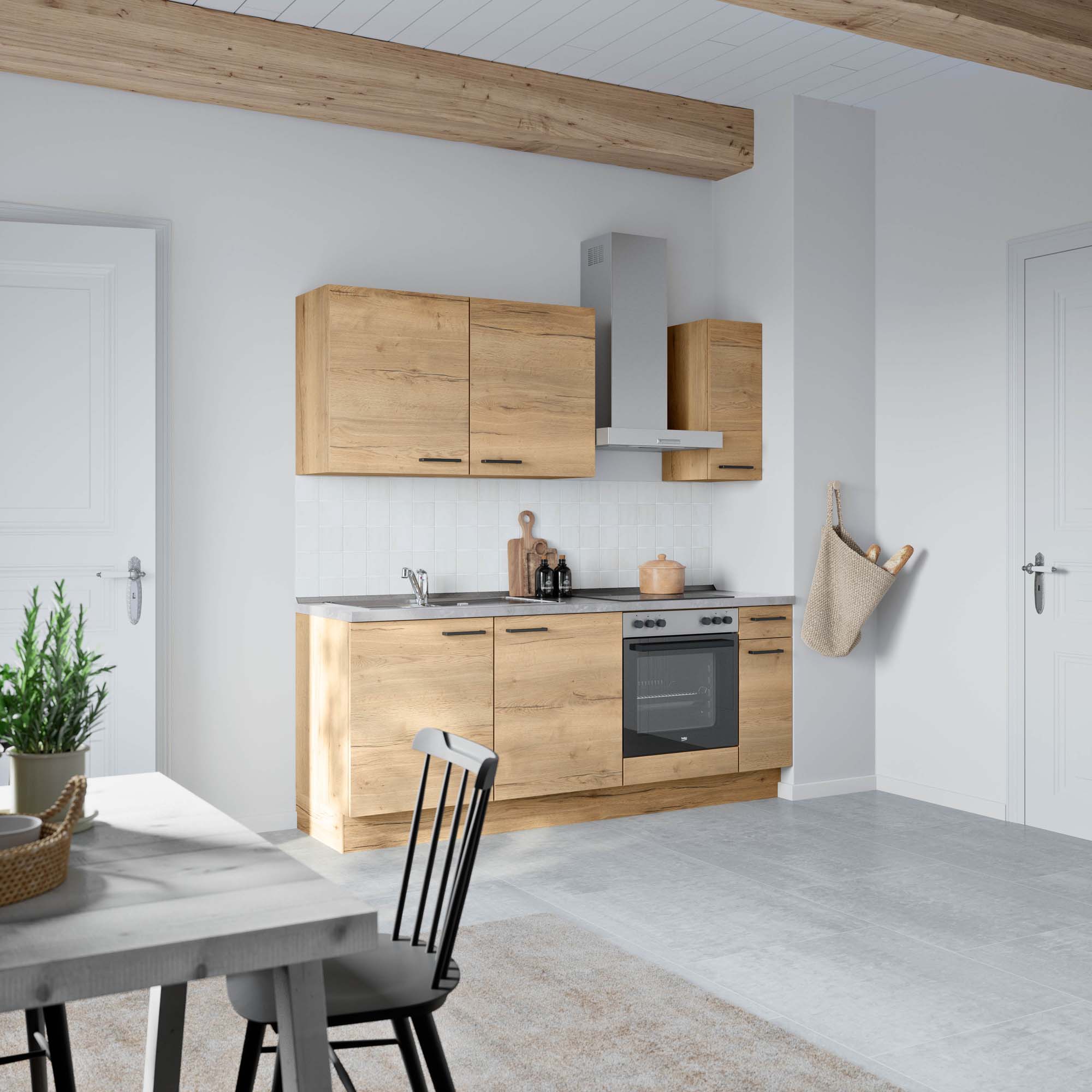 Kompakte moderne Küche mit Holzschränken, Esstisch und Dekoration in heller Raumgestaltung