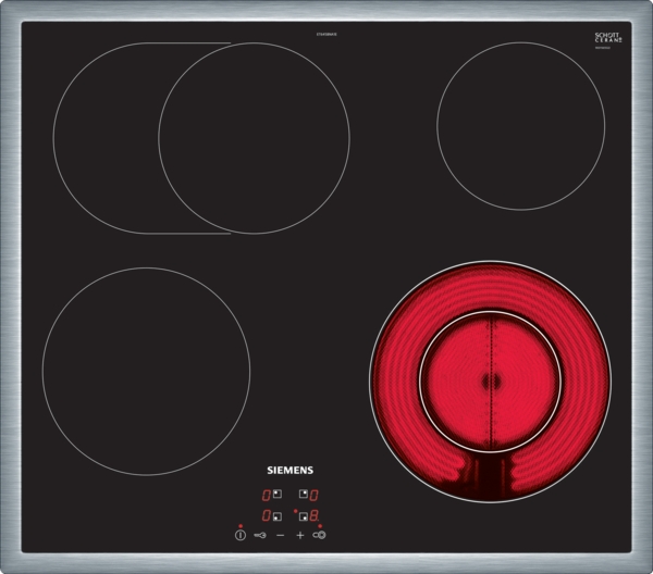 Siemens powerLine - Elektro-Kochfeld iQ300 (60 cm) | aufliegender Rahmen | ET645BNA1E Keramikkochfeld mit vier Kochzonen, davon eine rot beleuchtet; Siemens-Logo unten mittig