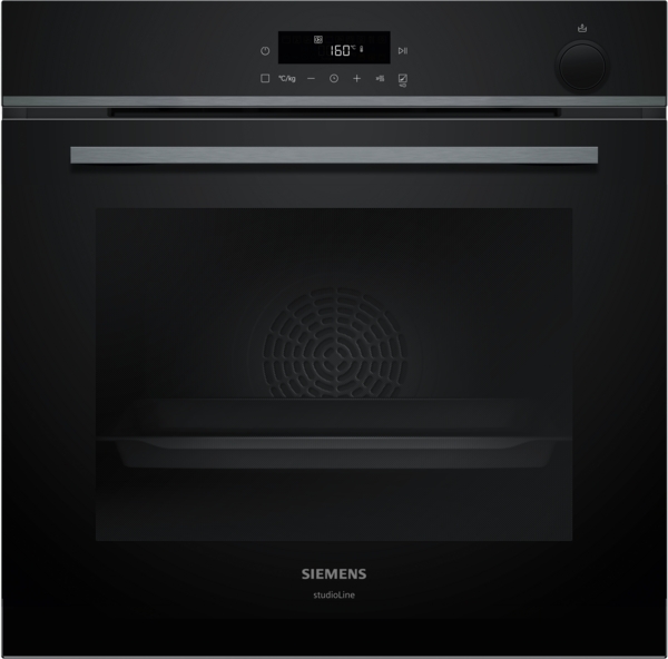 Freigestellte Vorderansicht eines geschlossenen, schwarzen Einbaubackofens (Siemens studioLine). Das Display zeigt 160C.