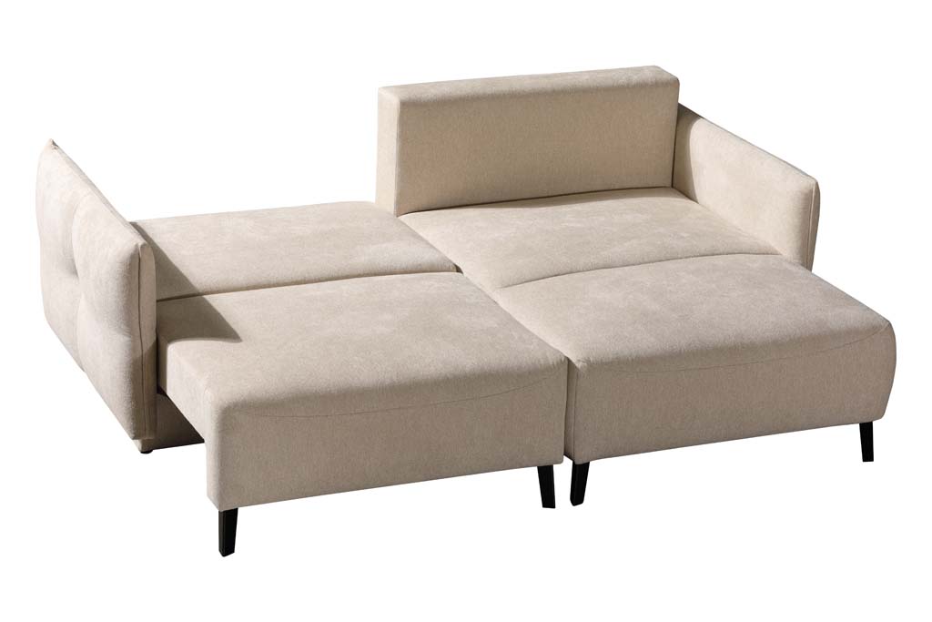 Beiges modulares Schlafsofa mit verstellbaren Teilen auf schwarzen Beinen