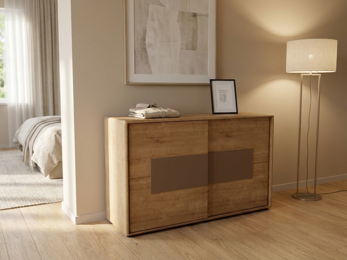 Moderne braune Kommode mit zwei Schiebetüren und braunem rechteckigen Akzenteinsatz stilvoll dekoriert in einem modernen Zimmer, Bild KI generiert