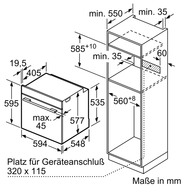 Diagramm mit den Einbaumaßen eines Küchenschranks und eines Geräts in Millimetern, inklusive Platzangaben für den Geräteanschluss
