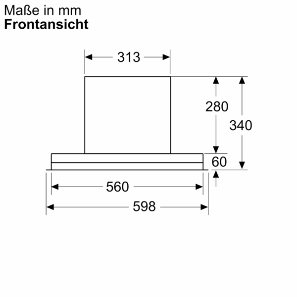 Technische Zeichnung, Frontansicht, mit Maßen in Millimetern für die Breite (gesamt und Einbau) und die Höhe des Siemens Dunstabzugs.