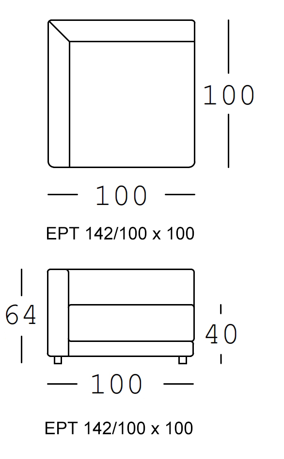 Maßzeichnung eines Sofaelements vor weißem Hintergrund freistil Rolf Benz 142