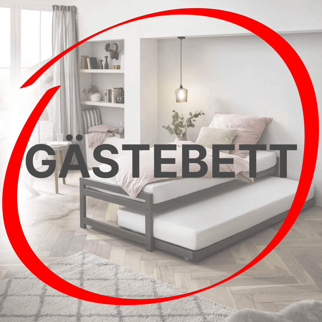 Aufschrift Gästebett mit rotem Kreis und Bett mit Gästebett im Hintergrund