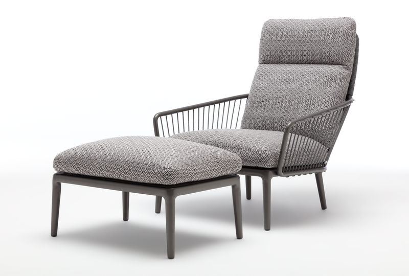 Loungesessel mit passendem Hocker, graues Stoffmuster, modernes Design
