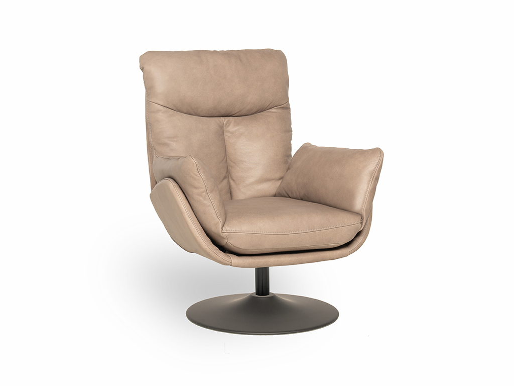 Beigefarbener Relaxsessel aus Leder mit modernem Design auf einem drehbaren Sockel