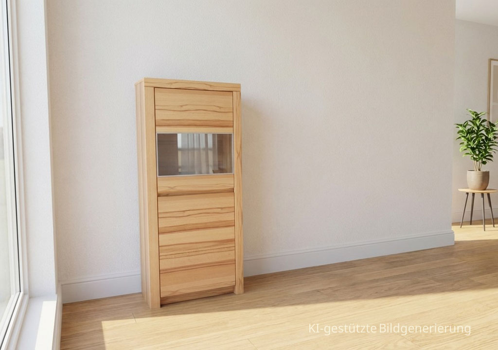 moderner Holz-Vitrinenschrank in einem hellen Raum, Bild KI generiert