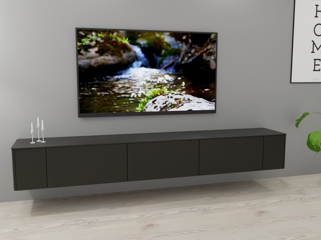 Sudbrock Goya - Lowboard | 2 Türen, 2 Klappen, 1 Schublade | B: 265,2 cm | Lack cosmos-schwarz Ein elegantes Wohnzimmer mit einem modernen Sideboard, das an einer Wand montiert ist, und einem großen Flachbildfernseher, der Naturaufnahmen zeigt.