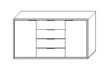 Illustration einer Kommode mit zwei Drehtüren und vier Schubladen vor weißem Hintergrund