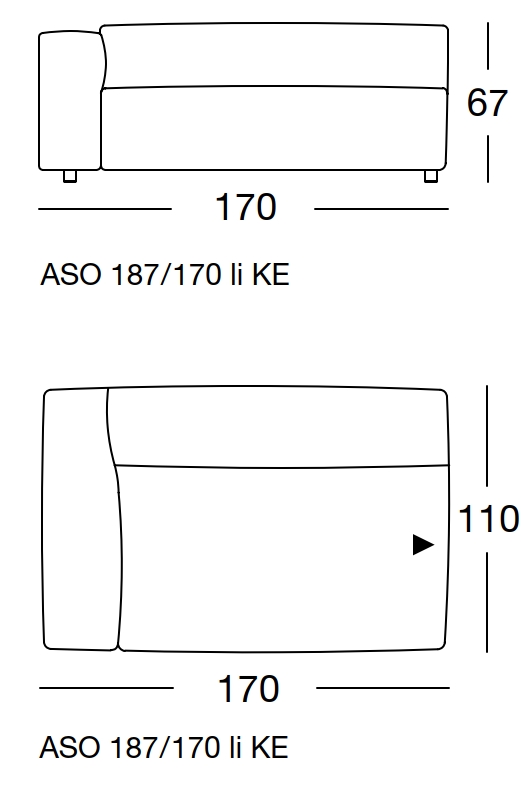 Maßzeichnung eines Sofaelements vor weißem Hintergrund freistil Rolf Benz 187