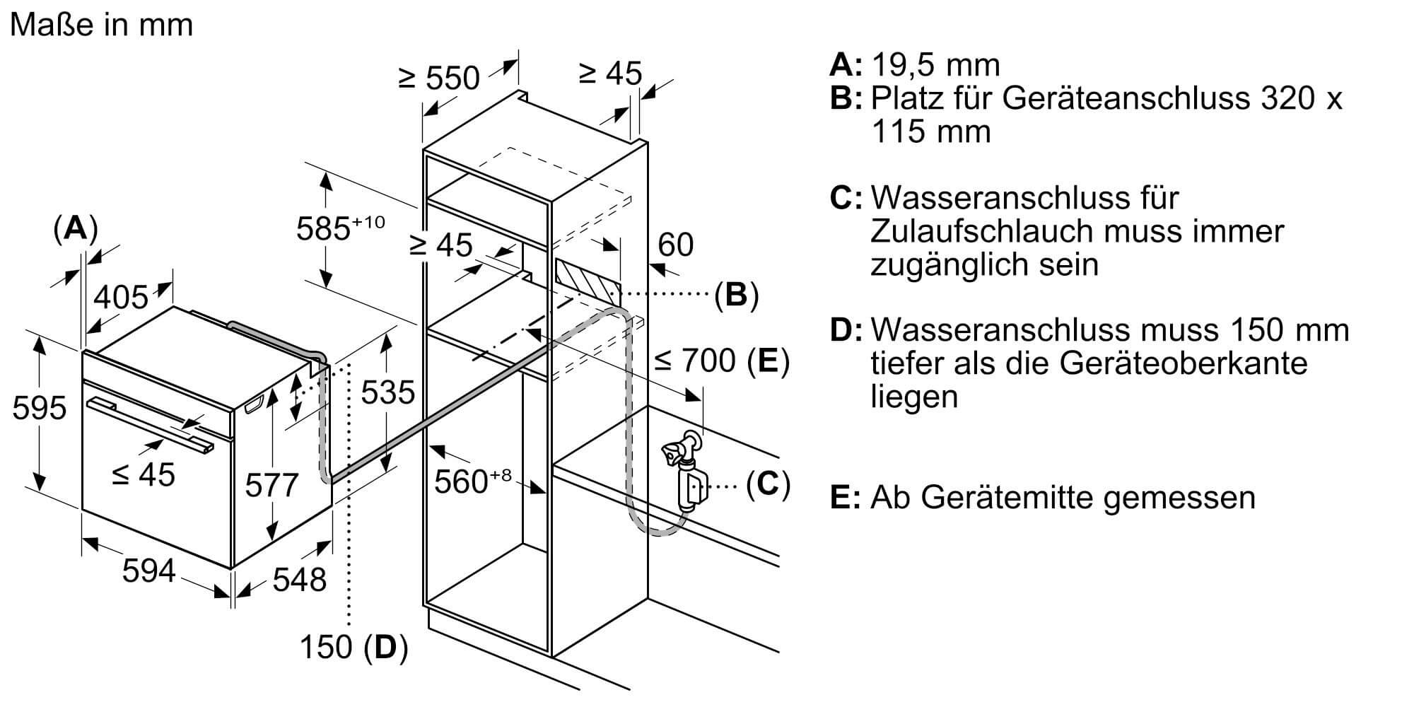 Einbauzeichnung zu Siemens Dampfbackofen HS938GED2.