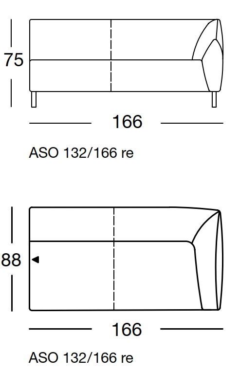 Maßzeichnung eines Sofaelements vor weißem Hintergrund freistil Rolf Benz 132
