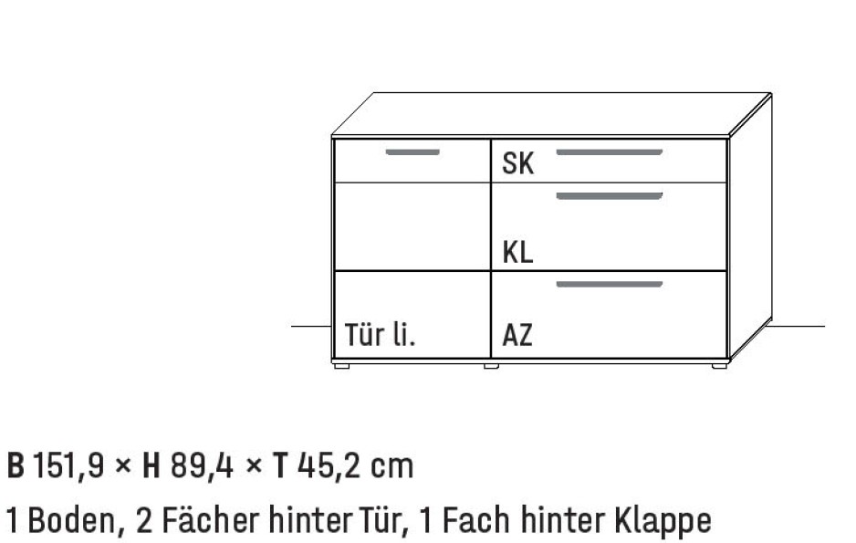 Illustration eines Sideboards mit Maßangabe und Bezeichnung vor weißem Hintergrund