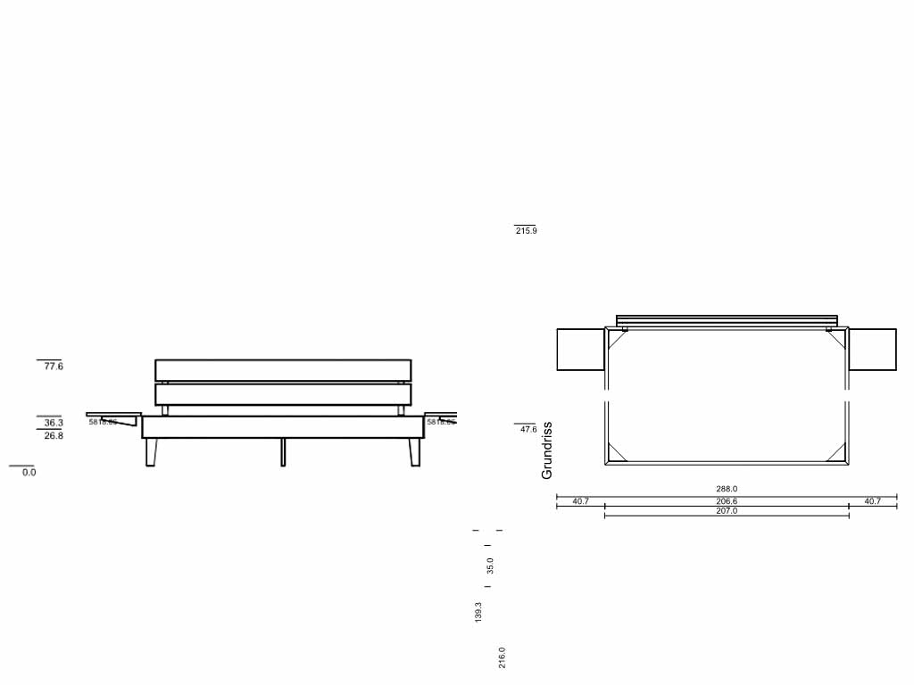 Technische Skizze einer Couch mit Abmessungen und Ansichten von vorne und oben