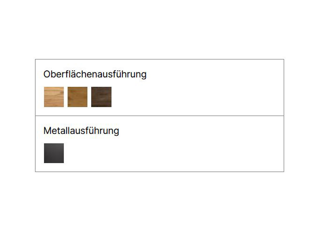 Ein Bild, das die verfügbaren Oberflächenausführungen (Oberflächenausführung) und Metallausführungen (Metallausführung) für das Bettgestell zeigt. Es sind drei verschiedene Holzfarben und eine anthrazitfarbene Metallausführung abgebildet.