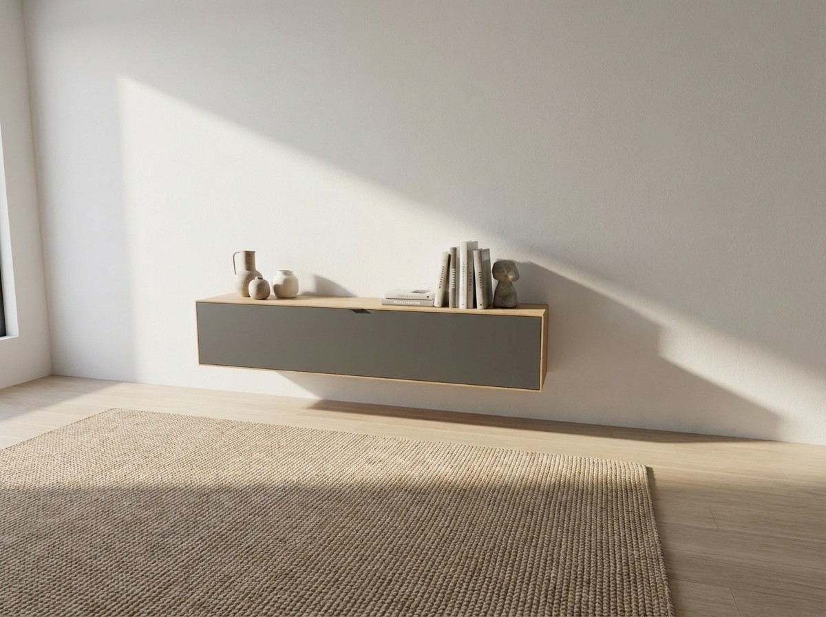 modernes braun graues Lowboard stilvoll dekoriert in einem modernen Zimmer