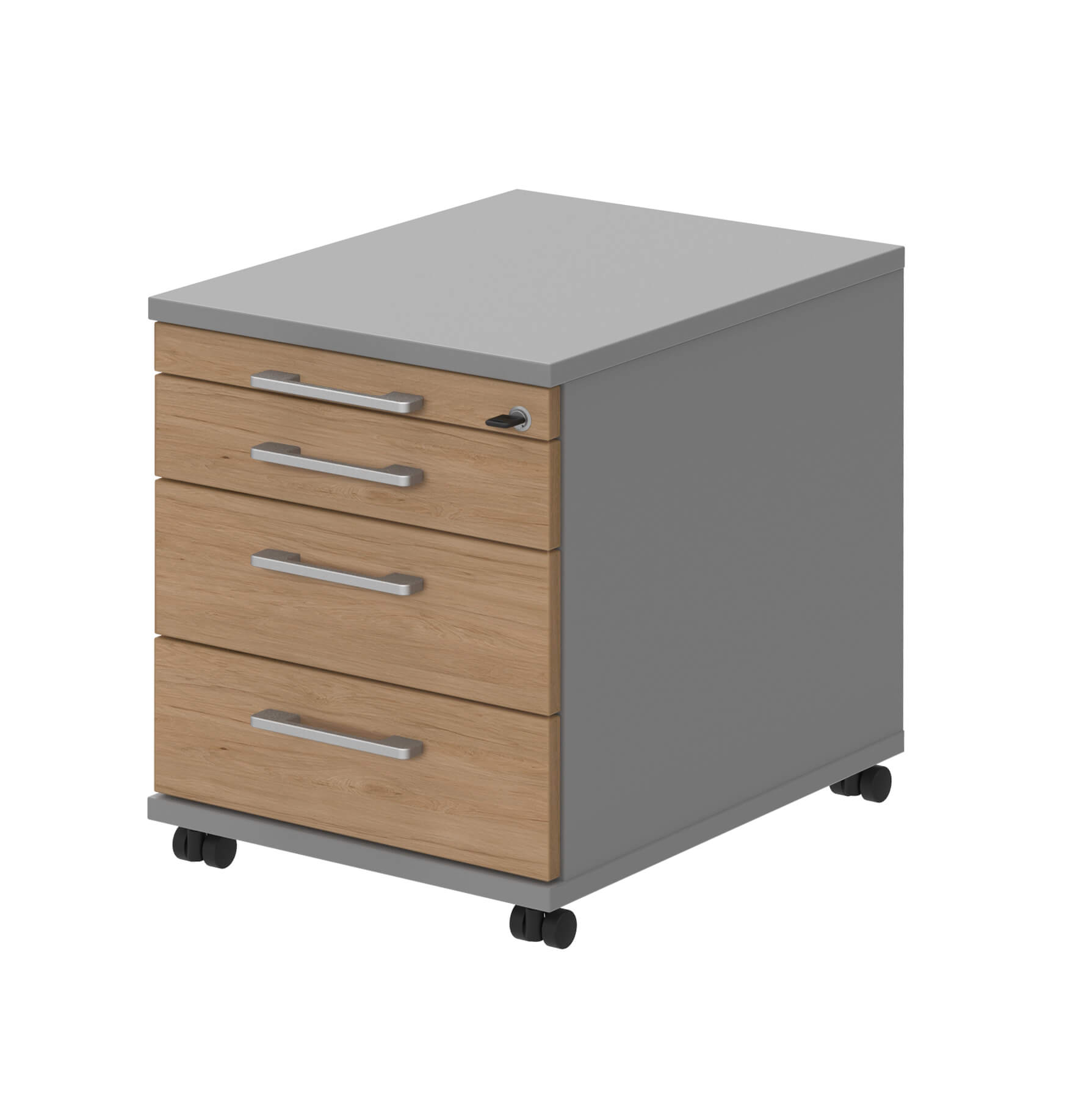 Röhr Bush. techno - Rollcontainer | B: 42,7 cm | Front Holzoptik | Korpus grau Rollcontainer mit vier Schubladen, Holzoptik, auf Rollen, abschließbar