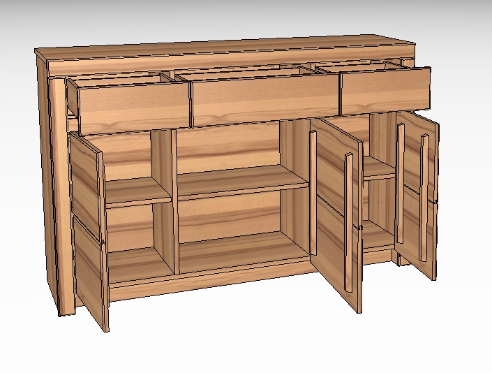 Abbildung eines modernen Holzschranks mit geöffneter Front, sichtbaren Regalböden und Schubladen