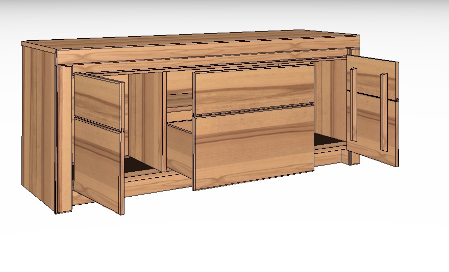 braunes Lowboard mit zwei Türen und zwei Schubladen vor weißem Hintergrund