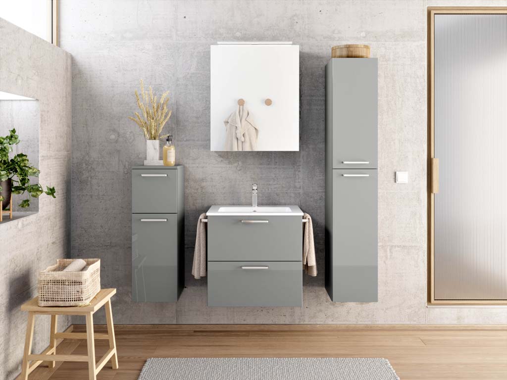 Badezimmermöbel-Set 3 Schränke grau mit Waschtisch und Spiegelschrank nobilia 