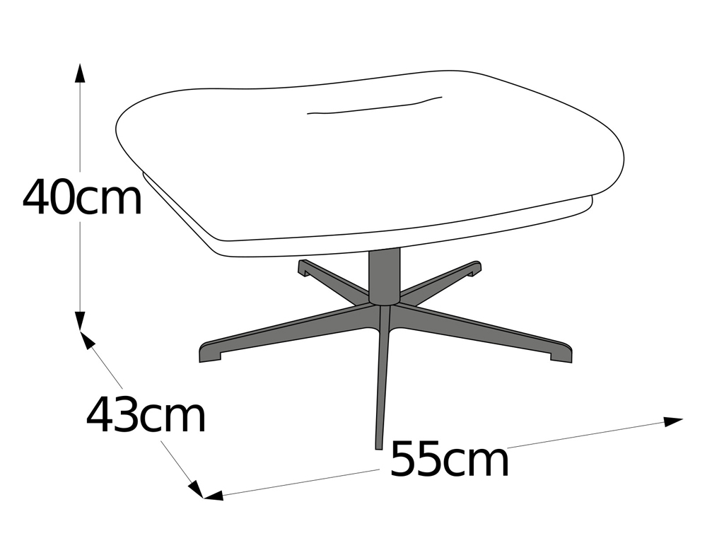 Illustration eines modernen Hockers mit den Maßen 40 cm Höhe, 55 cm Breite und 43 cm Tiefe. Der Hocker hat ein stilvolles Design mit einem zentralen Standfuß.