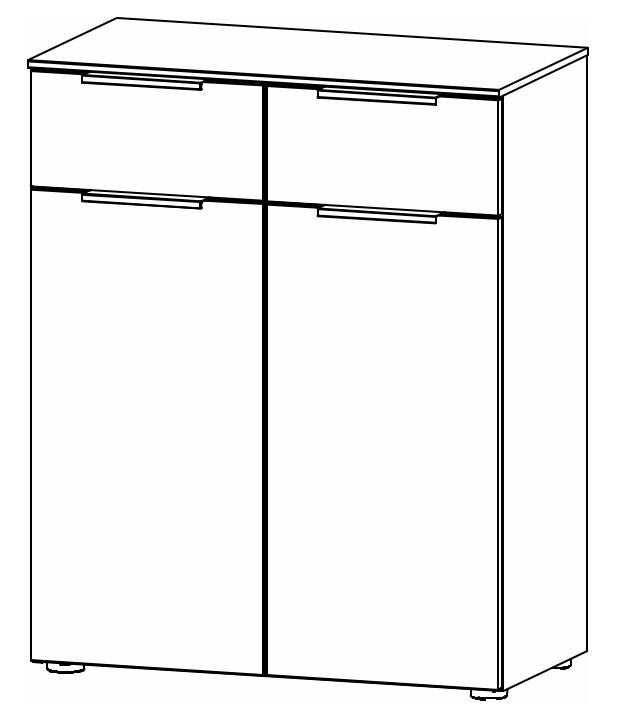 Illustration einer Kommode mit zwei Schubladen und zwei Türen vor weißem Hintergrund