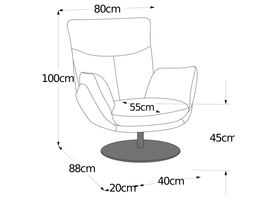 Skizze eines ergonomischen Drehsessels mit den Maßen: Höhe 100 cm, Breite 80 cm, Tiefe 88 cm, Sitzhöhe 45 cm, Sitzbreite 55 cm, Fußplattendurchmesser 20 cm, Neigung 40 cm.