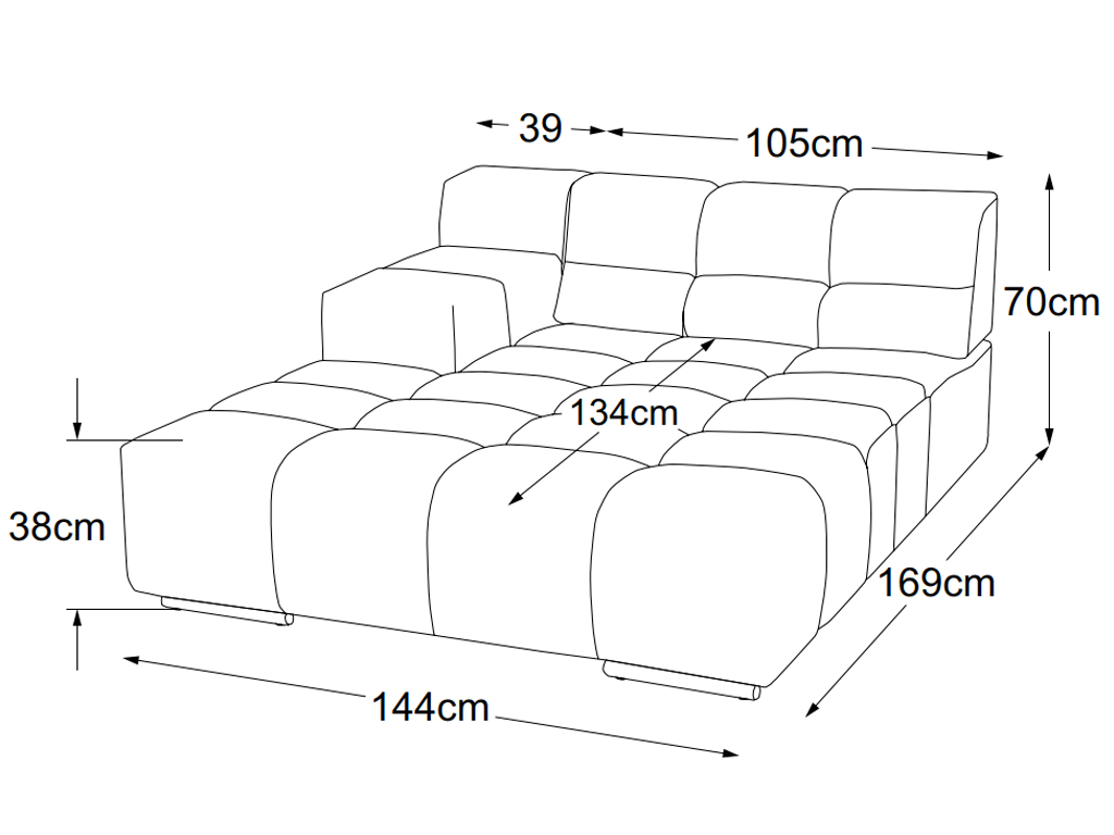 designwerk Temple - Recamiere Armteil links | B: 144 cm | ohne Funktion | D021121 Maßzeichnung eines Sofaelements vor weißem Hintergrund designwerk Temple