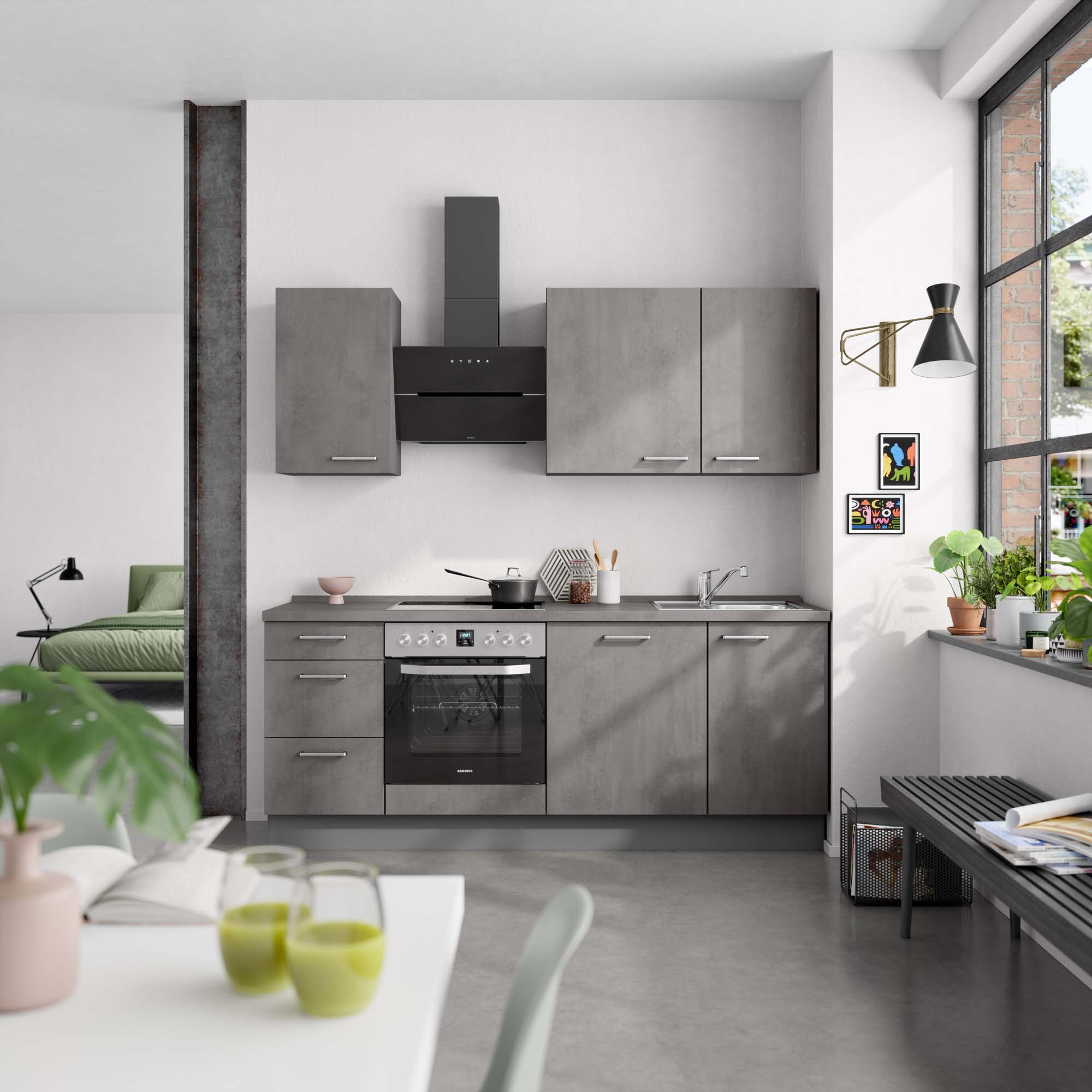 küchenzeile grau mit Backofen, Herd, Dunstabzugshaube, Waschbecken, Armatur nobilia riva