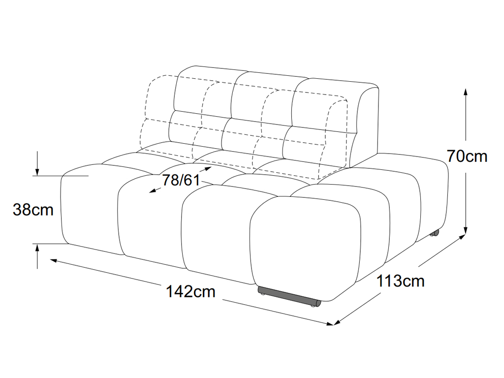 designwerk Temple - 2HT rechts | B: 142 cm | mit Rückenverstellung | D021521 Maßzeichnung eines Sofaelements vor weißem Hintergrund designwerk Temple