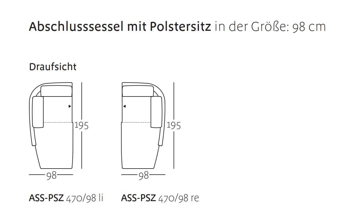Draufsicht auf Abschlusssessel mit Polstersitz, 98 cm breit, Modelle links und rechts gekennzeichnet