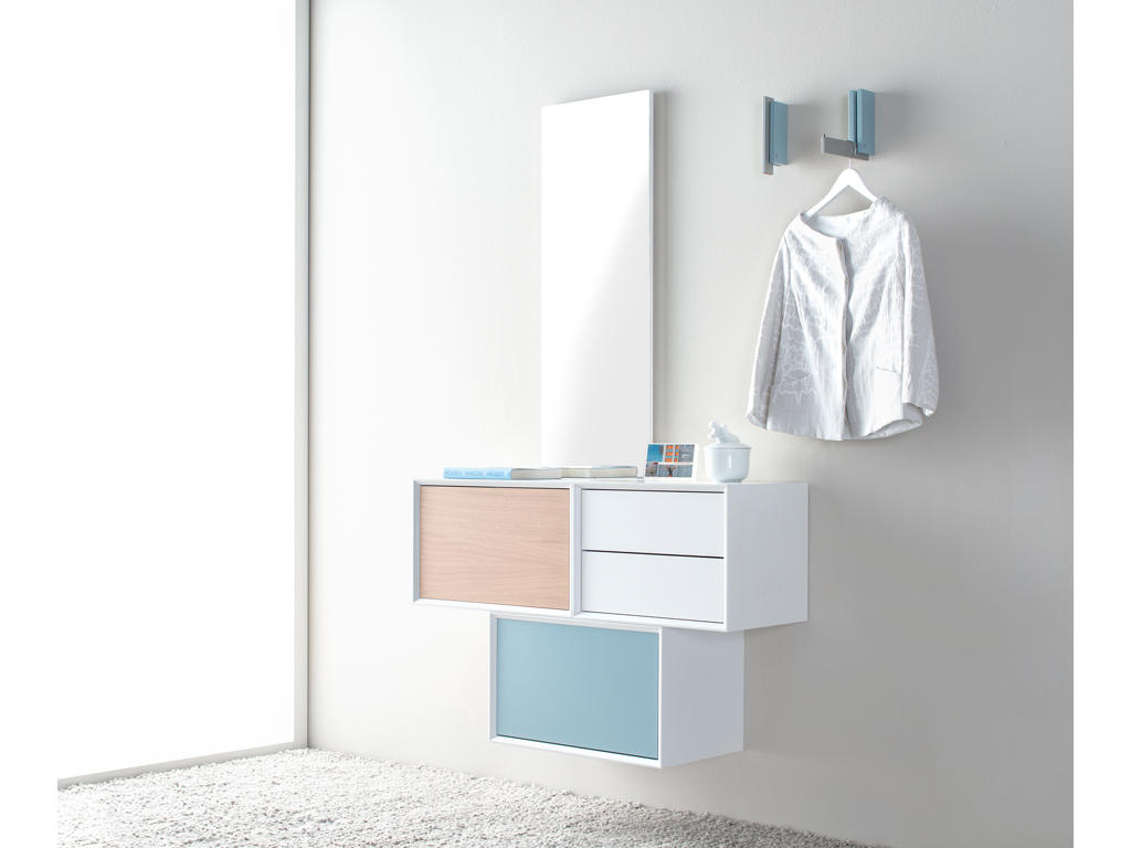 Sudbrock Modo - Garderoben-Set inkl. Klapphaken | Lack verkehrsweiß, Sky, Eiche milk furniert | B: 150 cm kompakte Garderobe mit Hängelementen in eiche, weiß und blau sudbrock modo