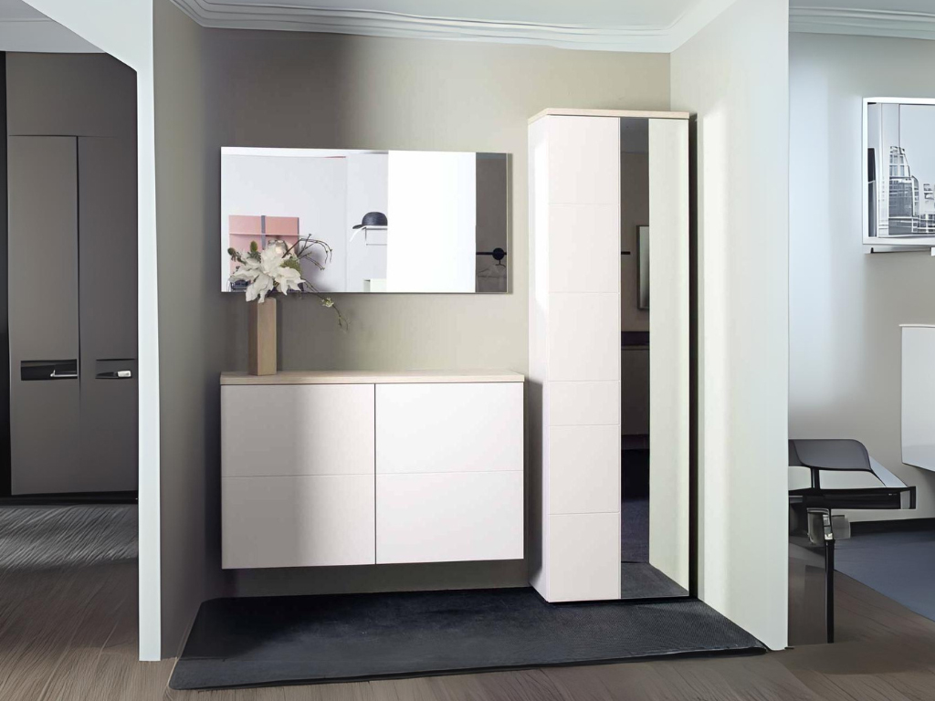 Sudbrock Fox -  Garderobe | 3-teilig | Lack blütenweiß, Eiche milk astig Eingangsbereich mit Spiegel, Wandregal und Schrank in modernem Design.