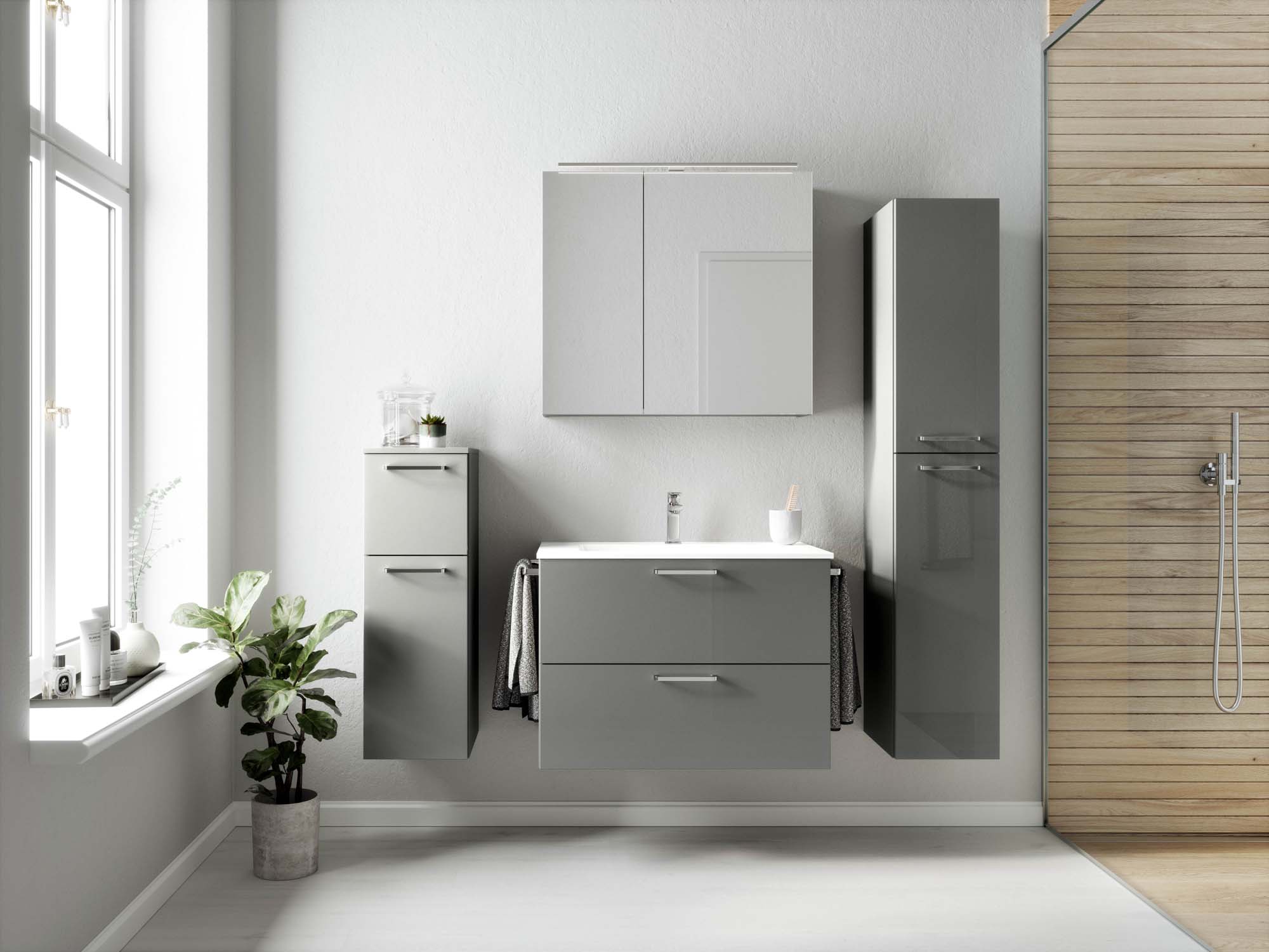 Badezimmermöbel-Set 3 Schränke grau mit Waschtisch und Spiegelschrank nobilia 