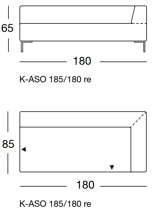 Maßzeichnung eines Sofaelements vor weißem Hintergrund freistil Rolf Benz 185