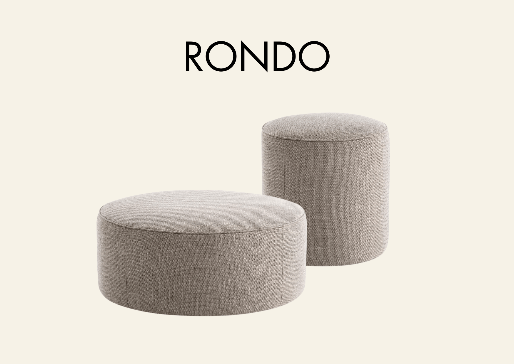 Runde, hellgraue Hocker in zwei Größen und Aufschrift