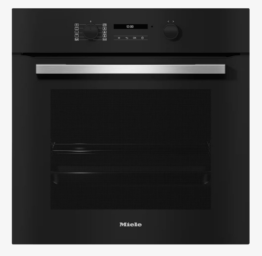 Frontansicht eines schwarzen Miele Einbaubackofens H 2766-1 B mit einem schlichten Design, Drehknöpfen und einem digitalen Display, auf dem 12:00 Uhr angezeigt wird. Das Gerät hat einen silbernen Griff.
