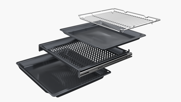 Explosionsdarstellung des Backofenzubehörs, bestehend aus verschiedenen Backblechen und einem Rost.